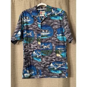 HILO HATTIE Hawaiian Shirt- RARE WWII Bomber Plane Styled 100% Cotton MEDIUM